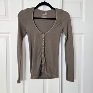 Intimately Free People XS S Taupe Brown Honeycomb Knit Snap Front Thermal Top
